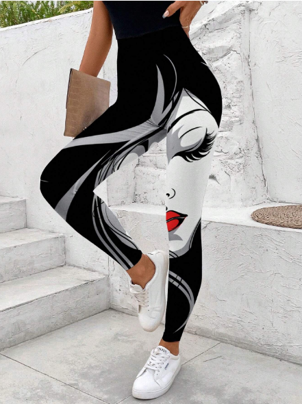 Shein Lune Women Abstract Face Printed Leggings,XL >