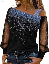 Shein Asymmetric Neck Mesh& Glitter Patchwork Color Block Long Sleeve T-Shirt, XL +