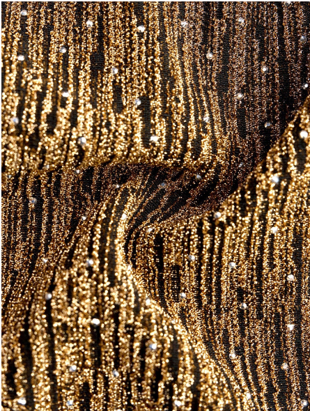 Shein Black & Gold Metallic Stripe V-Neck Long Sleeve Ruched Waist Fitted T-shirt, L -.
