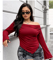 Shein Women's Red Ruched Off Shoulder Long Sleeve Asymmetric Hem Fashionable T-Shirt, 3XL -.