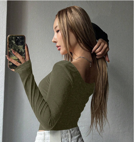 Shein Women's Solid Color Crew Neck Slim Fit Long Sleeve T-Shirt, S -.