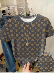 Shein Crew Neck Short Sleeve Casual Allover Print T-Shirt, L>