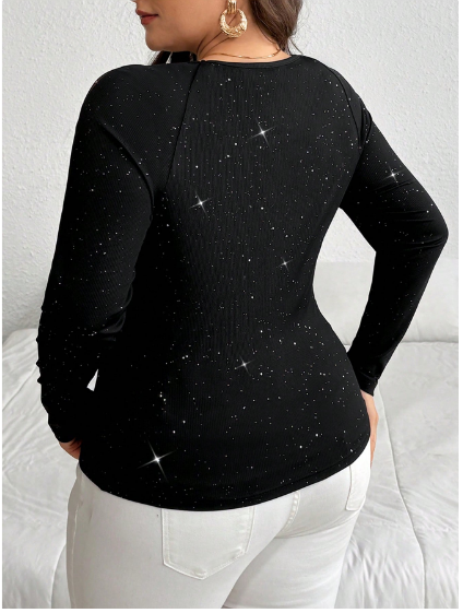 Shein Plus Size Sequin & Mesh Panel Long Sleeve Top >