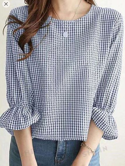 Shein Checked Print Round Neck Summer Casual Shirt /