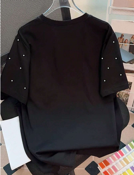 Shein Plus Size Women Handmade Bead Decor Casual Round Neck T-Shirt>