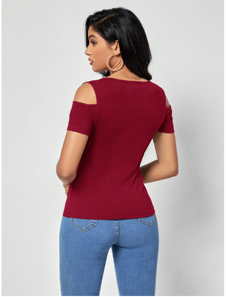 Shein Clasi Solid Cold Shoulder Tee, M>