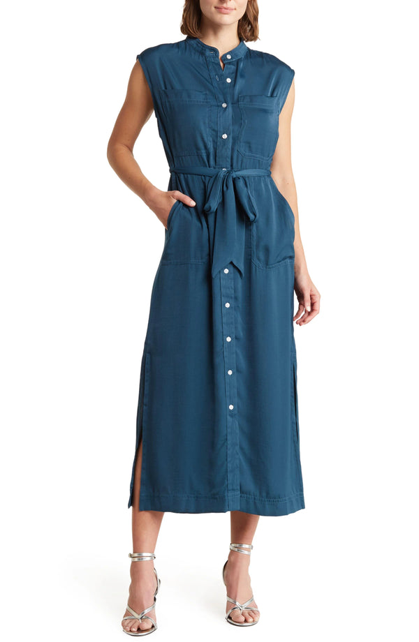 Melloday Sleeveless Button Front Satin Shirtdress, S */