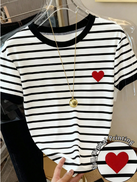 Shein Women's Round Neck Striped Heart Print Casual Versatile Commuting Short Sleeve T-Shirt, XL -.