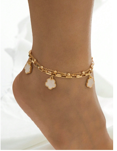 Shein Elegant White Metal Flower Pendant Multi-Layer Anklet >