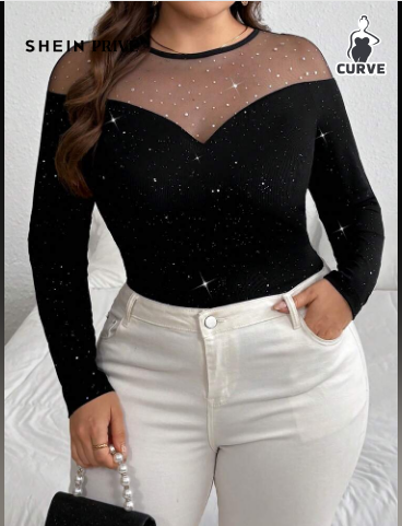 Shein Plus Size Sequin & Mesh Panel Long Sleeve Top >