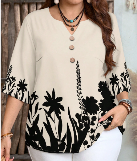 Shein Plus Size Floral Silhouette Print Casual Elegant Shirt, XL>