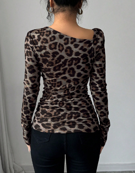 Shein Oblique Shoulder Long Sleeve Ruched Shoulder T-Shirt, XL>
