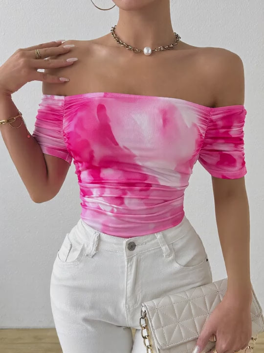 Allurite Women's Off-Shoulder Floral Pleated T-Shirt Short Sleeve Pink