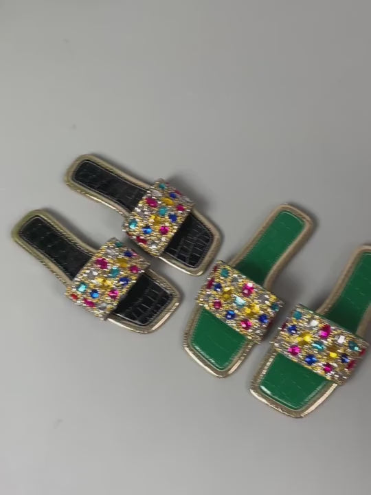 Women's Colorful Rhinestone Embellished Slip-On Flat Sandals