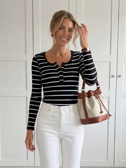Shein Striped Print Half Button Tee, L -.