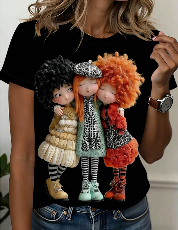 Shein Women's Cute Doll Print T-Shirt, Soft Pastel, XL >