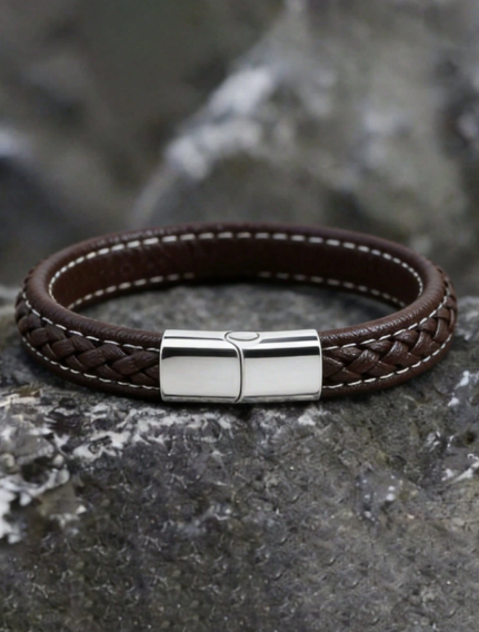 1pc Minimalist Woven Leather Bracelet For Men, Magnetic Clasp