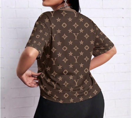 Shein Casual Basic Round Neck T-Shirts, Coffee & Khaki Floral Pattern, XL >