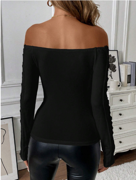 Shein Elegant Solid Color Lace Trim Off Shoulder T-Shirt, M -.