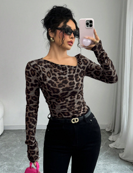 Shein Oblique Shoulder Long Sleeve Ruched Shoulder T-Shirt, XL>