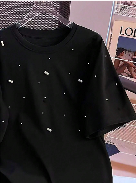 Shein Plus Size Women Handmade Bead Decor Casual Round Neck T-Shirt>