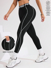 Shein Black Activewear Leggings With Color Block Waistband, S