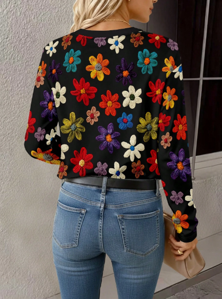 Shein Black Floral V-Neck Long Sleeve Elegant Floral Print T-Shirt, XL >