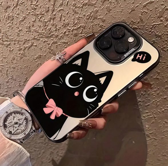 Shein Cat Element Fashion Silicone 1pc Black Cat With Pink Bow Soft Silicone Phone Case>