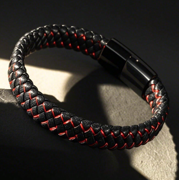 1pc Men's Pure Black PU Leather Bracelet Punk Leather Wristband Titanium Steel Braided Leather Rope