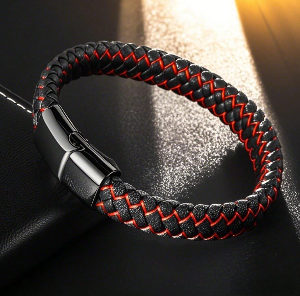 1pc Men's Pure Black PU Leather Bracelet Punk Leather Wristband Titanium Steel Braided Leather Rope