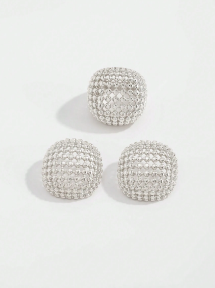 Shein 3pcs Women's Metal Hollow Geometric Semi-Sphere & Circle Design Earrings And Ring Set,