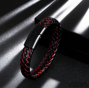 1pc Men's Pure Black PU Leather Bracelet Punk Leather Wristband Titanium Steel Braided Leather Rope