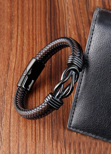 1pc Men's Braided PU Leather Infinity Knot Bracelet, Magnetic Clasp Punk Wristband