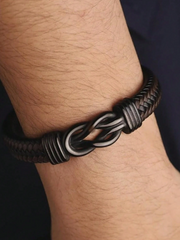 1pc Men's Braided PU Leather Infinity Knot Bracelet, Magnetic Clasp Punk Wristband