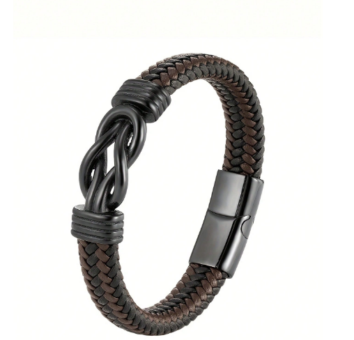 1pc Men's Braided PU Leather Infinity Knot Bracelet, Magnetic Clasp Punk Wristband