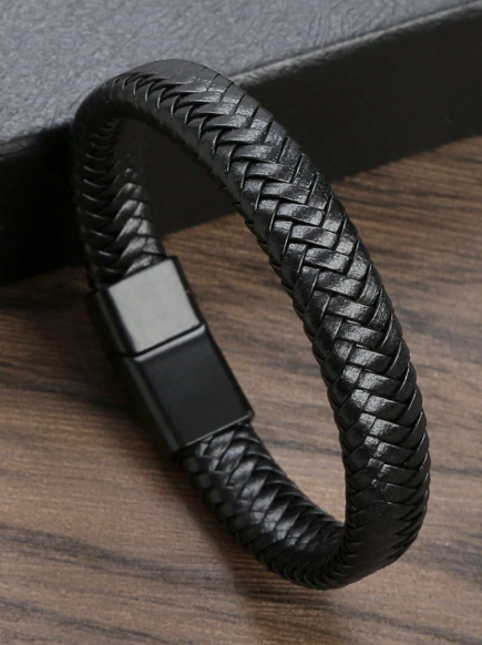 1pc Men's Woven Leather Bracelet, Minimalist Business Style, Matte Magnetic Clasp Fabric Strap