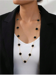 Shein Elegant Black Lucky Clover Pendant Women Long Necklace Chain>