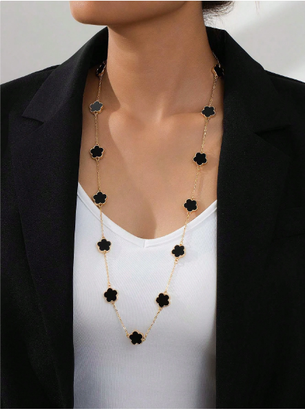 Shein Elegant Black Lucky Clover Pendant Women Long Necklace Chain>