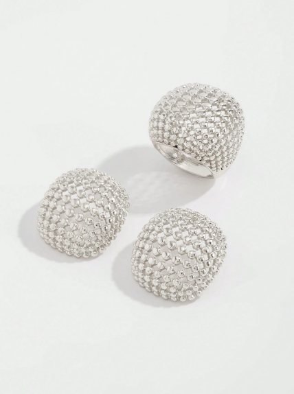 Shein 3pcs Women's Metal Hollow Geometric Semi-Sphere & Circle Design Earrings And Ring Set,