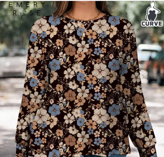 Shein ROSE Plus Size Women Casual Allover Print Round Neck Long Sleeve T-Shirt 4xl +