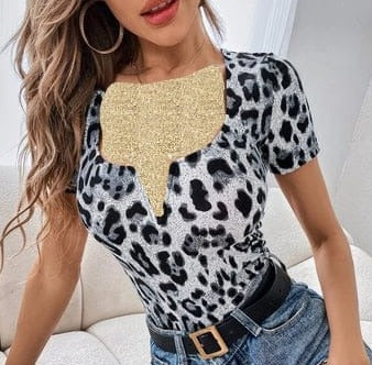 Shein Leopard Notched Neck Slim Fit Tee, XS */