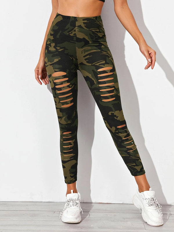 Shein Camo Print Laddering Ripped Leggings /