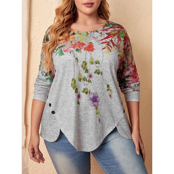 Shein  Plus Floral Print Button Detail Asymmetrical Hem Tee, 5XL +
