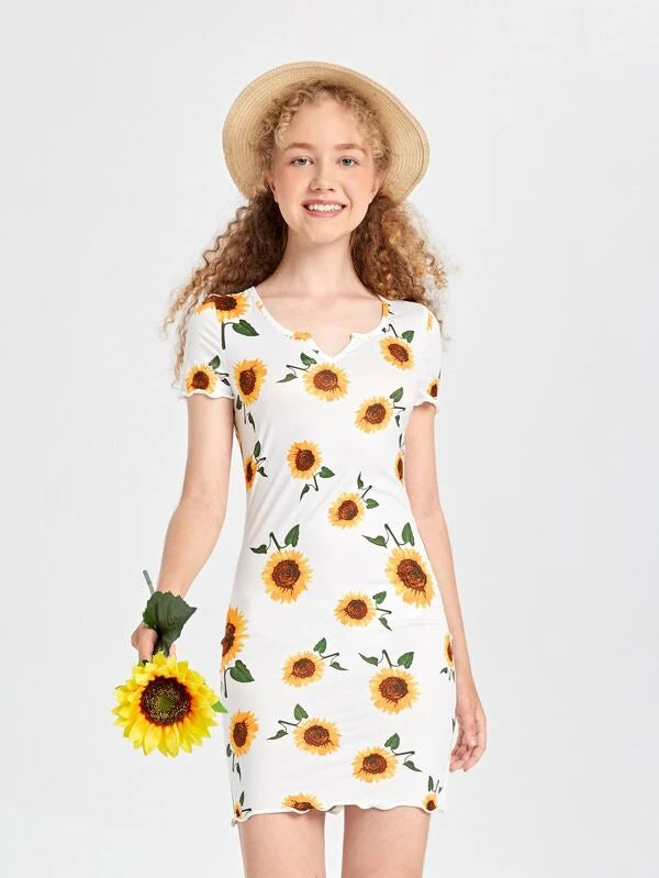 Shein Teen Girls Allover Sunflower Print Notch Neck Lettuce Trim Dress, 8-9T+