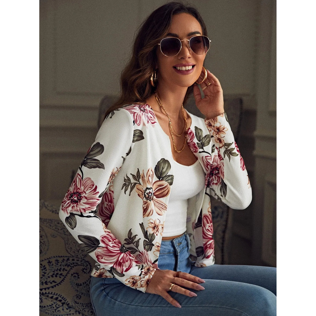 Shein Floral Print Open Front Jacket +