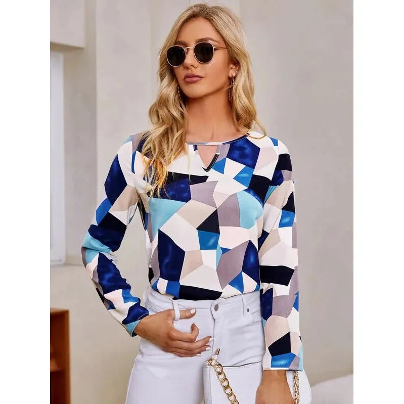 Shein Keyhole Neck Geo Print Top+