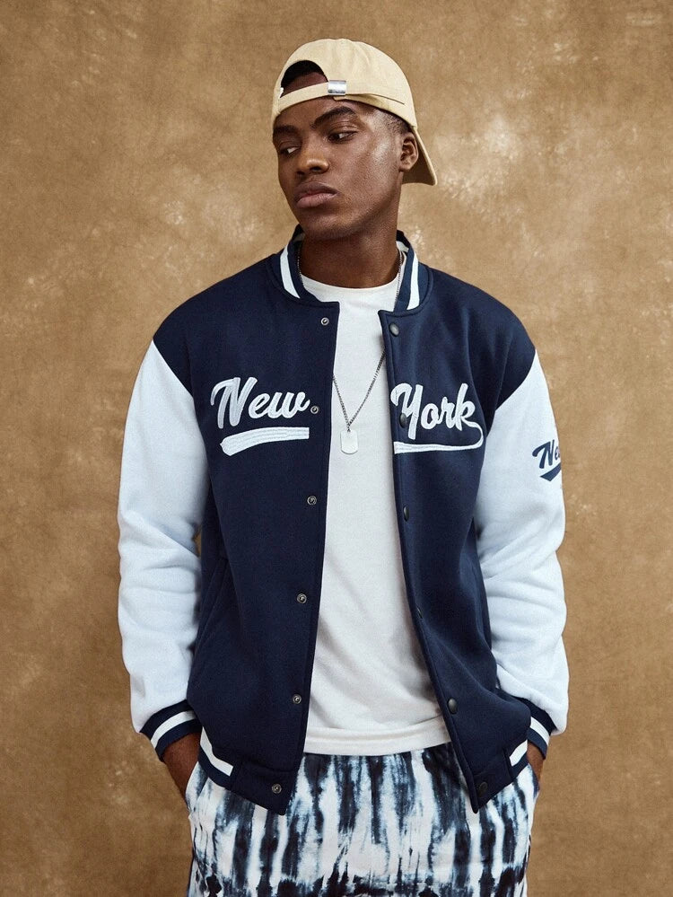 Shein Guys Letter Embroidery Colorblock Button Front Varsity Jacket  , L *