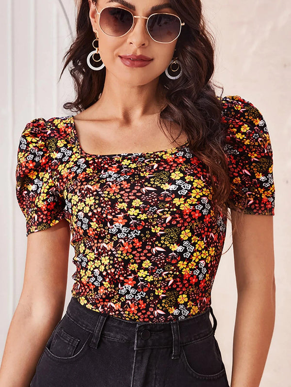 Shein Puff Sleeve Allover Floral Tee */