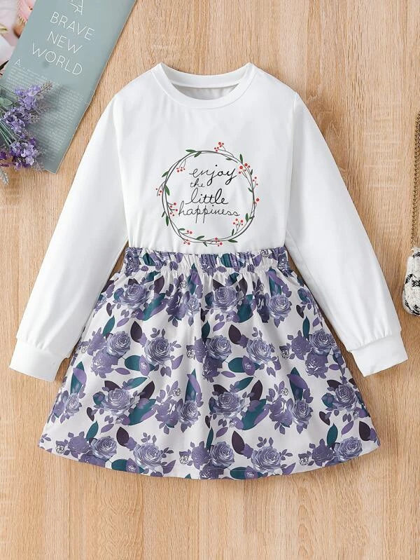 Shein Girls Slogan & Floral Print Pullover & Skirt, 13-14T +
