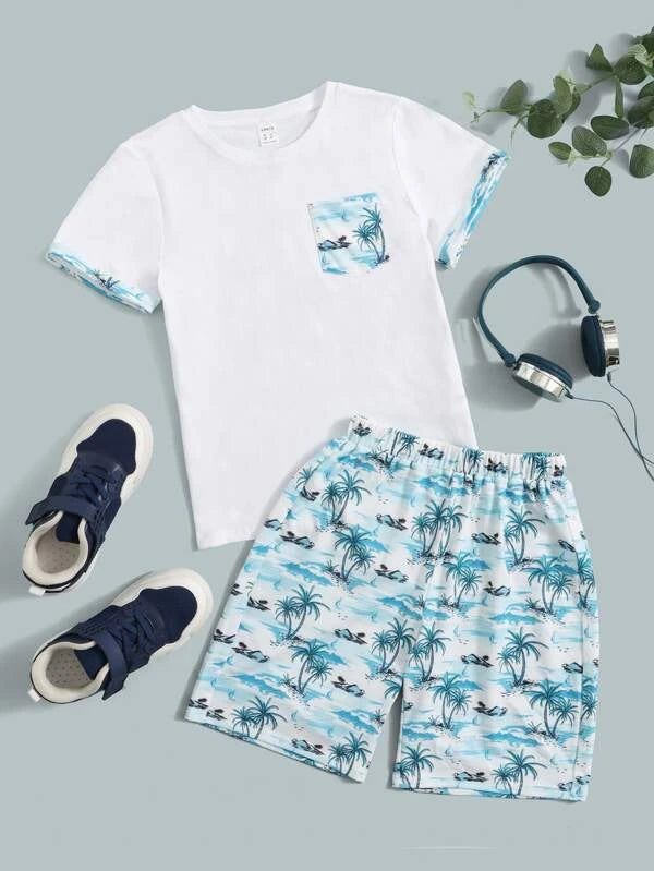 Shein 2pcs set  short & t-shirt For Boys, 13-14T +